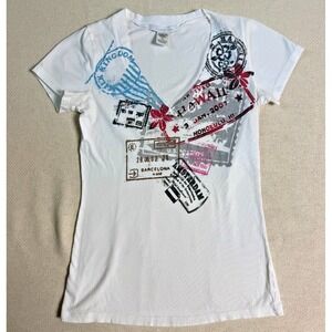 Charlotte Russe Women's Small White Hawaii Travel Graphic V-Neck T-Shirt Cotton